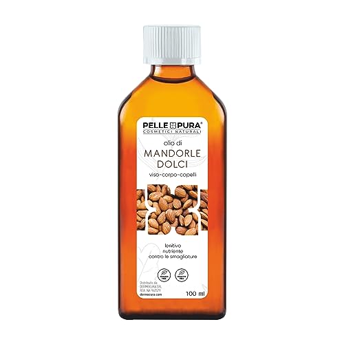 PELLE PURA - Olio di Mandorle Dolci Naturale Idratante e Nutriente per Viso, Corpo, Capelli, Rughe Anti Età, Cicatrizzante Ideale anche come Olio Massaggio 100ML MADE IN ITALY