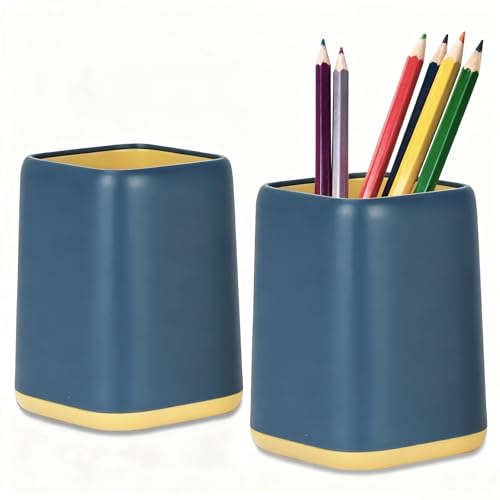 Qualsen 2 Pack Pen Holder for Desk, Blue Yellow Two Tone Square Pen Pot, Pencil Pot for Desk Organiser, Home, Office Supplies and School Stationary Organiser, Pencil Holder