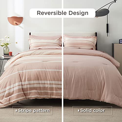 Bedsure Bed In A Bag Queen 7 Pieces, Dusty Pink White Striped Bedding Comforter Sets All Season Bed Set, 2 Pillow Shams, Flat Sheet, Fitted Sheet And 2 Pillowcases #TOP2