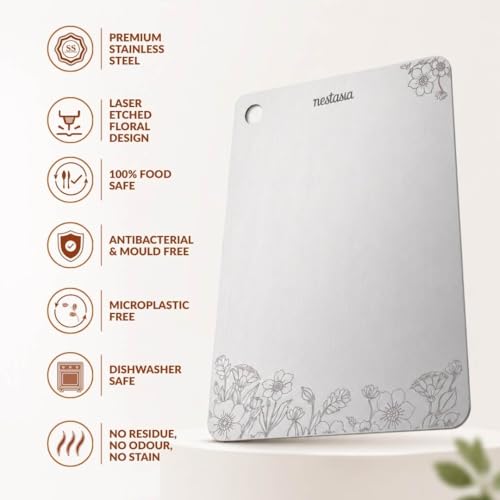 Image of Nestasia Stainless Steel Chopping Board for Kitchen (35cm x 25cm) - Floral Engraved Steel Cutting Board for Chopping Fruits & Vegetables | 100% Food Safe, Rust Resistant & Dishwasher Safe