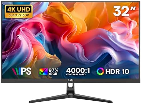 DJiEX 32 Inch 4K Computer Monitor, UHD 3840 * 2160P, 60HZ, 4000:1 Contrast Ratio, 97% sRGB, FreeSync, Eyecare, IPS Panel, Compatible with Wall Mounting, Ideal for Business & Office