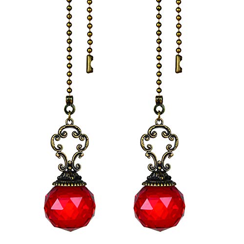Image of Set of 2 Vintage-Style Red Fan Pull Ceiling Fan Chain Pulls Crystal Prism Ball