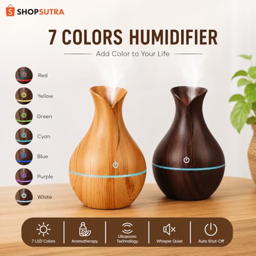 Image of Aroma Diffuser with LED Light - USB Powered Tabletop Mist Humidifier for Desk and Bedside Use (Pot Wood Aroma Diffuser)