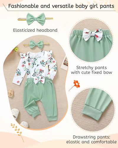 YALLET Baby Girl Clothes Newborn Infant Girl Outfits Floral Romper+Pants+Headband Fall Baby Layettes for Clothing 0-18 Months4