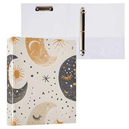Image of 3 Ring Binder Boho Moon Phases Beige White 1.5 inch Binders Three Ring Binders with Clipboard Fit 8.5'' x 11'' Paper 3 Interior PVC Clear Pockets for Office Supplies