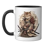 Japanese Samurai Cat Ninja Style Ceramic Mug, Black/White, 11oz