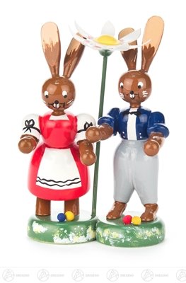 Rudolphs Schatzkiste Osterdeko Hasenpaar auf Sockel - Ostersockel - Holzfigur – Ostern und Frühjahr - Höhe ca. 10,5 cm - Handarbeit aus dem Erzgebirge – NEU