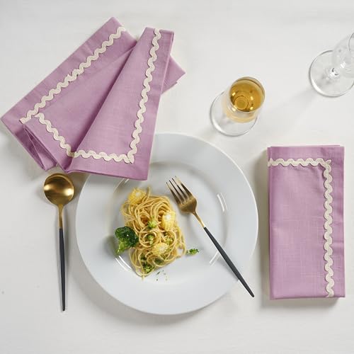 Image of FINGERCRAFT Cloth Napkins Set of 6, 18x18 Inch, 100% Cotton Table Napkins with RIC Rac Scallop Lace Trim, Reusable Washable Dinner Napkins for Wedding, Party, Dining & Home Decor (Lavender)