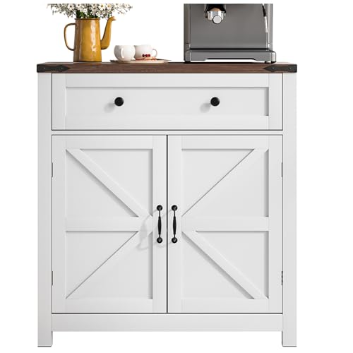 Mino Kesper Walnut Buffet Sideboard Cabinet with 2 Barn Doors, Farmhouse Coffee Bar Cabinet, Bathroom Cabinet with Adjustable Shelf, Storage Cabinet for Kitchen, Living Room, Entryway, Bathroom