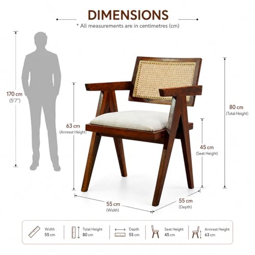 Image of Solid Sheesham Wood Cane Arm Chair with Cushion | Handmade Rattan Accent Chair for Living Room, Balcony, Bedroom & Cafe | Wooden Lounge Armchair | Honey Brown