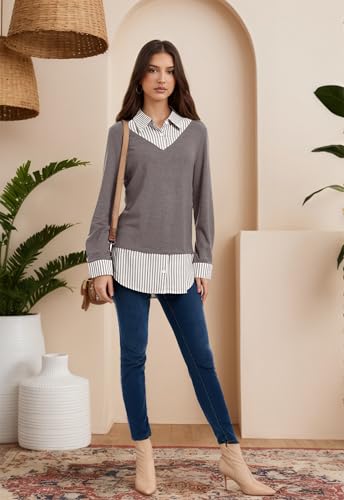 Image of Oyamiki Women's Casual Collared Curved Hem 2 in 1 Pullover Tops Plaid Contrast Shirt Blouse
