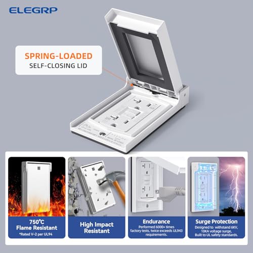 ELEGRP Outdoor GFCI Outlet with Cover, Weather Resistant GFCI Receptacle and Wall Plate, 20 Amp Self-Test GFI Electrical Outlet, Thinner Design Ground Fault Receptacle, UL Listed, Matte White, 1 Pack by ELEGRP - Image 5