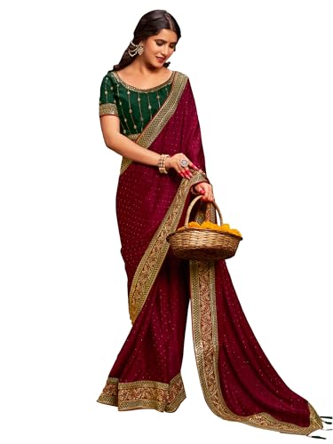 Image of AKHILAM Women's Pink Satin Silk Embroidered Saree with Unstitched Blouse Piece (SANCHI3001 SUM Parent)