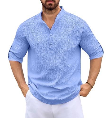 Lishang Camisa de Lin Hombre Manga Larga Camisas Verano Informal Casual Top Camisa de Ocio Playa Color Sólido T-Shirt Suelta Regular Fit Elegante