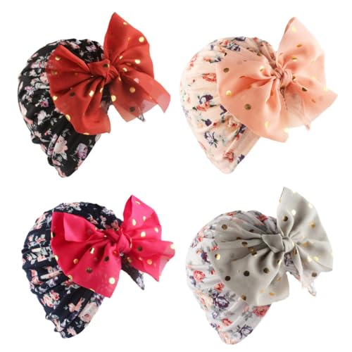VILLCASE 4 Gorros para Bebés Lazo Dorado, Orejeras de Poliéster, Pack de 4 Unidades, Elegantes y Finos para Obsequio