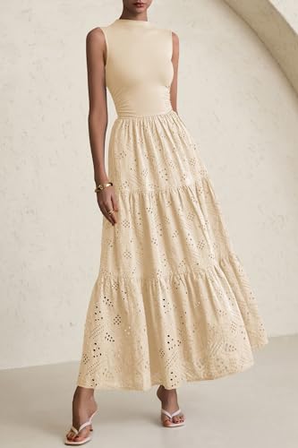 PRETTYGARDEN Summer Dresses for Women 2025 Casual Eyelet Sleeveless Wedding Guest Maxi Dress Tank Top Sundress with Pockets3