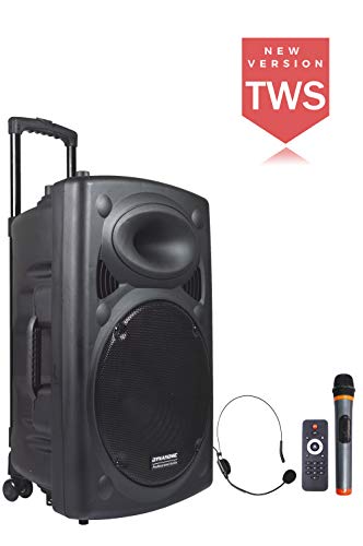 DYNASONIC - Dynapro 15 - Altavoz Inalámbrico Sistema Audio Profesional Megafonia Portátil | Lector USB Bluetooth Radio FM y Micrófonos, Color Negro (DYNAPRO 15)