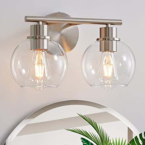 Bathroom Light Fixtures Over Mirror 2-Lights Bathroom Vanity Light with Clear Glass Shade 13.8 inch Modern Brushed Nickel Vanity Lights Wall Sconce Lighting for Bath
