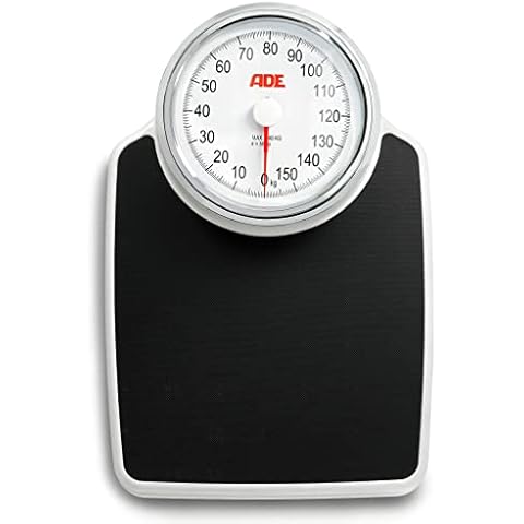 ADE Mechanische Personenwaage M308800 Clinica. Besonders präzise, analoge XL Körperwaage im klassischen Doktorwaagen-Design. Große rutschfeste Wiegefläche und robustes Metallgehäuse Retro-Look. Weiß Cover