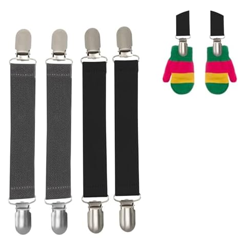 QoeCycth 4PCS Elastic Mitten Clips, Stainless Steel Gloves Straps for Kids and Adults - Clothes Dress Sweater Shawl Fit Cinch Waist Clips(Black&grey) Cover