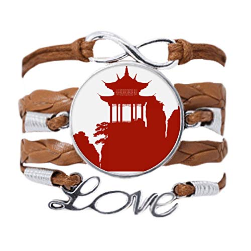 Bracelet la corde tordue de cuir noir silhouette montagne pavillon de la Chine pour le quotidien