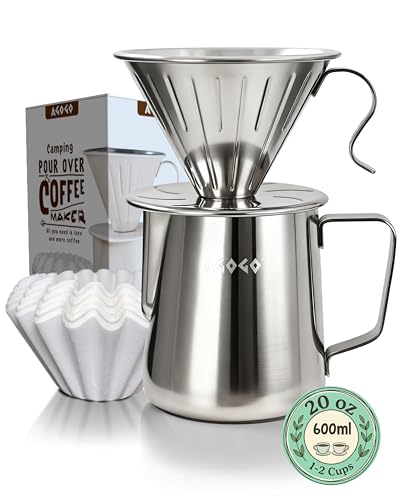 AGOGO Pour Over Coffee Maker Set - Unbreakable 304 Stainless Steel V60 Dripper & Server for Camping & Home, Includes 50 Paper Filters & Barista Towel - Silver - 20oz