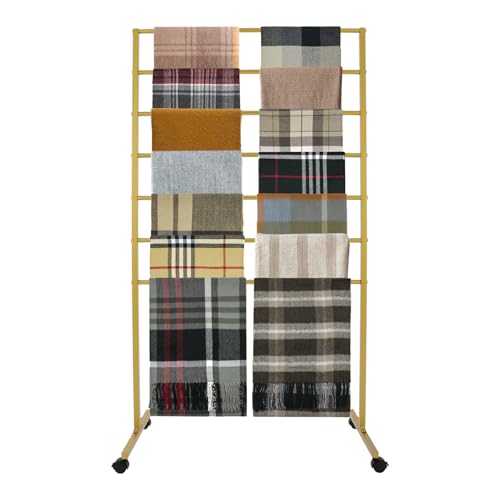 Floor Standing Scarf Display Stand with 360 Swivel Caster Wheels, Movable Freestanding Scarf Floor Standing Display Rack, Belt Shawl Hijab Organizer for Boutique Display (Gold)
