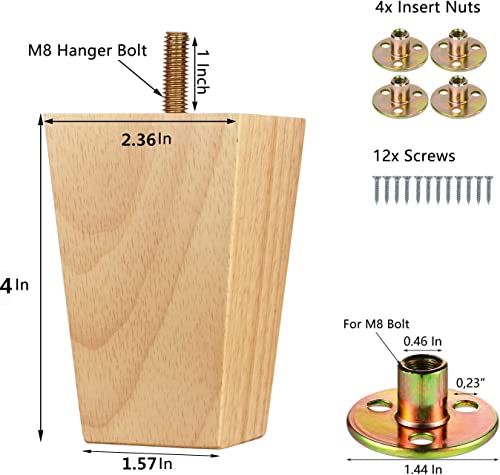 4Pcs Wood Furniture Legs 4 Inch Square Furniture Legs With Bolt Sofa Legs Couch Legs Tapered Feet Replacement For Legs For Furniture Or Sofa Legs, Chair, Ottoman, Stool, Coffee Table, Bed, Etc. #TOP4