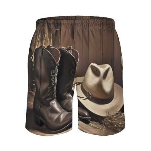 Cowboy Hat Western Boots Mens Swim Trunks Quick Dry Hawaii Bathing Suit Board Shorts with Mesh Lining-3