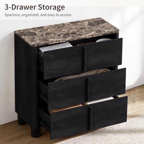 Image of 31.5 inch Wide 3 Drawer Dressers Set of 2, Faux Marble & Wood Storage Cabinet, Modern Curved Accent Chest with Rounded Wood Handles for Bedroom, Living Room & Entryway, Black