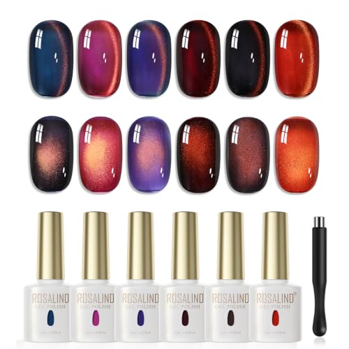 ROSALIND Esmalte Semipermanente Ojo de Gato 6 Colores Azul Rojo Cat Eye Gel | Esmaltes Semipermanentes Magnético con Imán, Azul Morado Rojo Cateye Gel, UV/LED Pintauñas Semipermanentes Nail Art Manicure