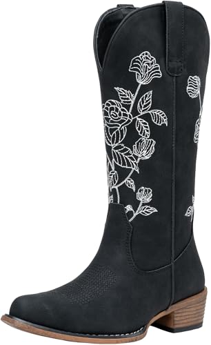Jeossy Womens Black Western Cowboy Boots Mid Calf Embroidery Flower Cowgirl Boots with Low Heel Side Zipper 9807 Comfy Round Toe Country Music Festival Music Rodeo, Size 8(DJY9807 Black 08)