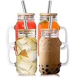 Fenspeed 4pcs Mason Jars with Lids and Straws Mason Jar with Handle Mason Jar Mugs Glass Cups Drinki