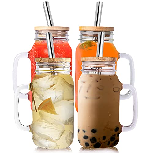 Fenspeed 4Pcs Mason Jars With Lids And Straws Mason Jar With Handle Mason Jar Mugs Glass Cups Drinking Glasses Set 24Oz Iced Coffee Glasses Tumbler Cup For Boba Smoothie Juice #TOP4