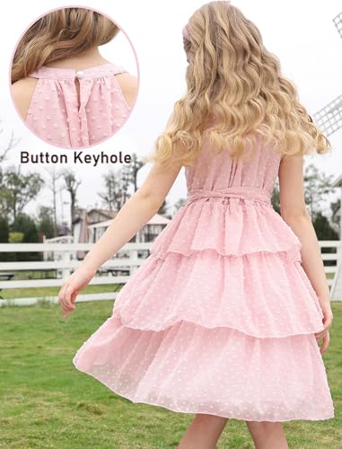 Move Dance Girls Summer Dress Pink Tween Halter Neck Flared Midi A-Line Sundress Swiss Dot Sleeveless Casual Layered Chiffon Dresses with Belt 12-13 Years Old — view 4