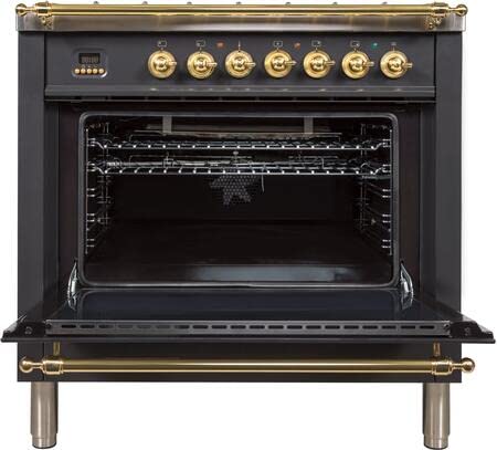Ilve Upn90Fdmpm Nostalgie Series 36" Freestanding Dual Fuel Range With Natural Gas 5 Sealed Brass Burners, 3.55 Cu. Ft Total Oven Capacity Gas Conversion Kit Included In Matte Graphite With Brass Trim #TOP3