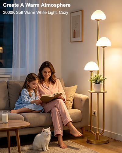 Image of Gold Dimmable Floor Lamp with Table Modern Floor Lamps with 5Lbs Heavy Base for Living Room 3000K Tall Standing Lamp with Mushroom Shades & Bulbs Included for Bedroom /Office / /Sofa Beside /Corner Decor