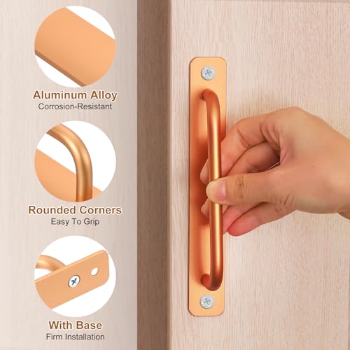 Image of uxcell 6Pcs Barn Door Handles, 128mm / 5 Inch Hole Center Sliding Gate Door Pull Handle Aluminum Alloy Cabinet Handles with Base and Screws for Kitchen Bathroom Wardrobe Closet (Gold)