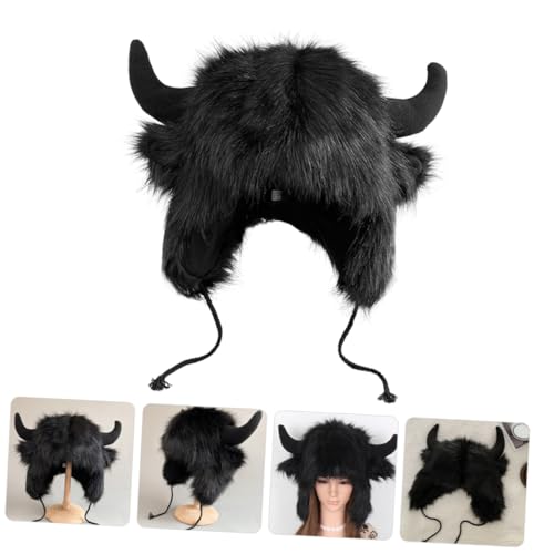 Funny Cow Head Plush Hat Warm Ox Horn Winter Cosplay Hat for Men Women Black4