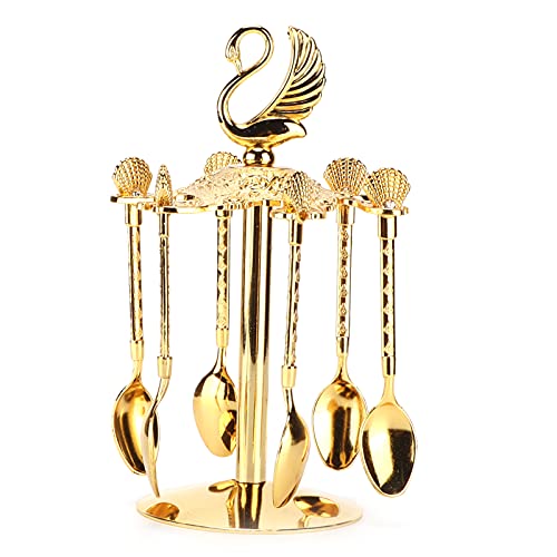 6Pcs Golden European Metal Coffee Spoons, Dessert Spoons for Stirring Mixing Photographing, Luxury Swan with Rhinestone, Ideal for Party Cream Coffee, Practical