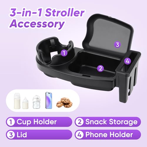 Universal Stroller Snack Tray, 3 in 1 Stroller Cup Holder with Phone Holder and Silicone Flexible Arms Grip, Stroller Tray Attachment Compatible with Uppababy, Baby Jogger, Britax (Snack Tray) by MYPIN - Image 3