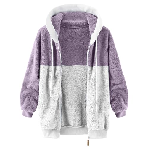 Womens Sherpa Jacket Full Zip Color Block Fall Y2k Oversized Faux Fur Coat | Womens Sherpa Fleece Jacket, Plus Size Loose Fit, Fuzzy Y2k Shirt Jacket, Western Shaggy, with Hood, Y2k Streetwear — view 3