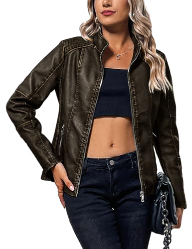 Bellivera Faux Leather Jacket Women Motorcycle Zipper Stand Collar Bomber