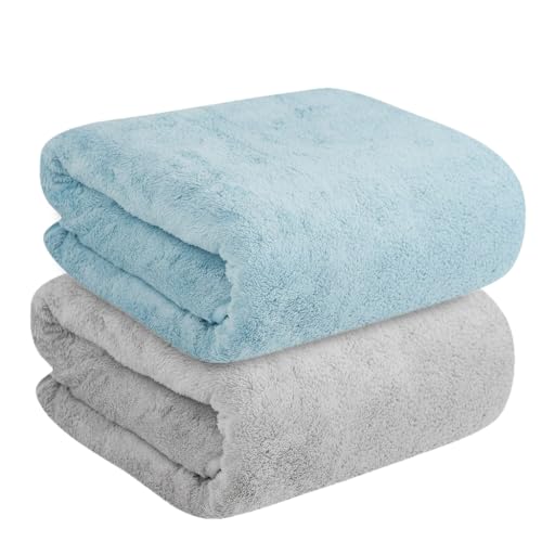 Image of Dribble Coral Fleece 450 GSM Bath Towel 70x140 cm | Ultra Soft, Quick Dry, Highly Absorbent | Lightweight & Skin-Friendly Towel for Bathroom, Gym & Travel, (Blue /Grey, Pack of 2)