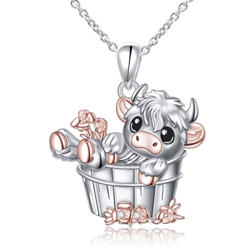 Alphm Highland Cow Necklace 925 Sterling Silver Scottish Cow Pendant Cute Highland Cow Jewelry for Women Highland Cow Lovers Present