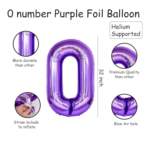 Image of Purple 0 Number Foil Balloon with Crown & Base Balloons | 32 Inch Helium Supported for Birthday, Anniversary, Baby Shower Decoration - Pack of 14