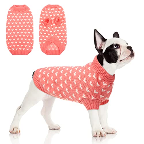 MORVIGIVE Turtleneck Dog Pullover Sweater, Warm Knitted Puppy Winter Clothes for Cold Weather with Heart Pattern, Soft Cat Knitwear Pet Sweatshirt Apparel for Small Medium Dogs Indoor & Outdoor Use