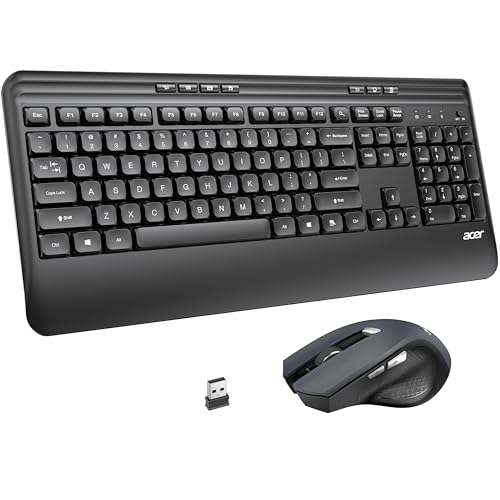 acer Wireless Keyboard and Mouse Combo, 2.4GHz USB Receiver, Ergonomic Keyboard Mouse Set, Wrist Rest, 7 Multimedia Hotkeys, Lag-Free Silent for PC, Laptop, Computer, Windows, QWERTY Layout - Black