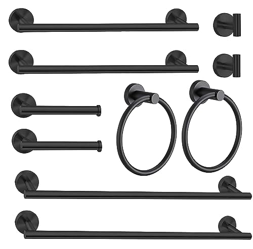 Toptowel 10Pcs Bath Towel Bar Set, Includes 23.6 & 16 Inch Towel Bars, Hooks, Rings & Toilet Paper Holder - Black