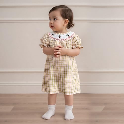 Toddler Baby Girl Thanksgiving Outfits Short Sleeve Turkey Embroidery Striped Smocked Dress Fall Photoshoot Clothes2